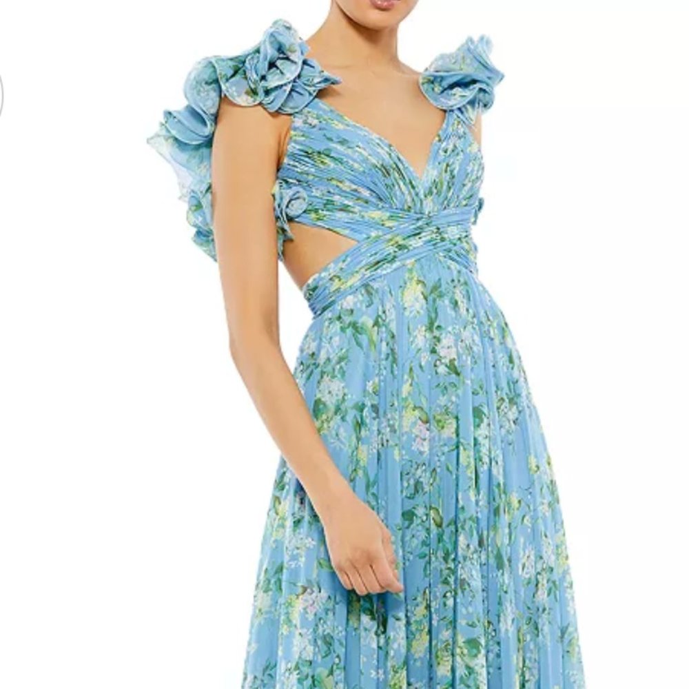Mac Duggal Blue Floral Gown - Wedding Guest Dress with Statement Sleeve & Ruffle